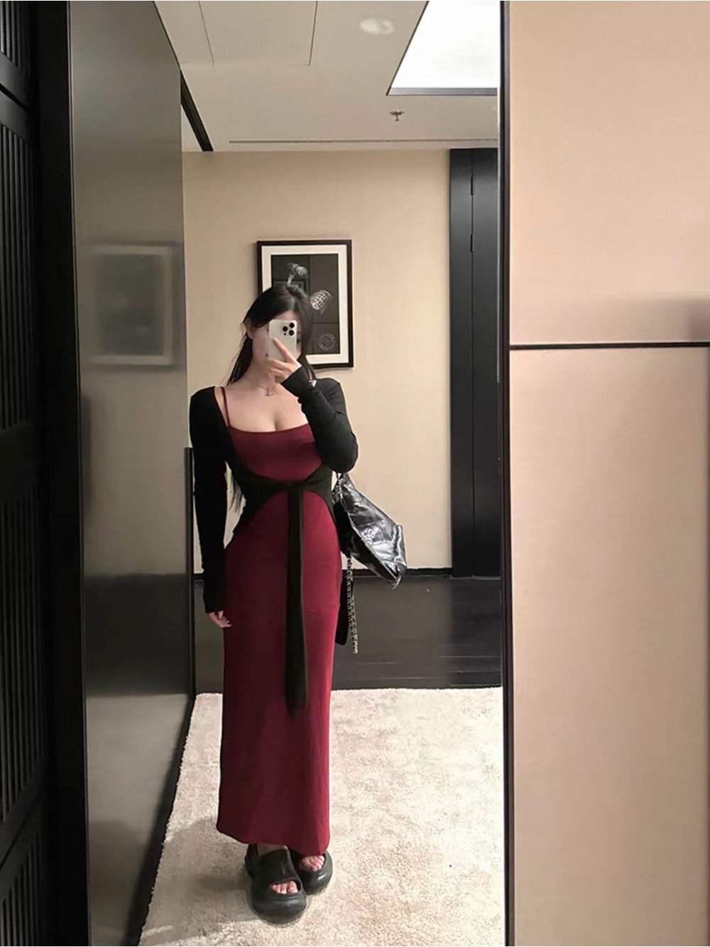 Burgundy Bodycon Dress with Black Cardigan Two-piece Set